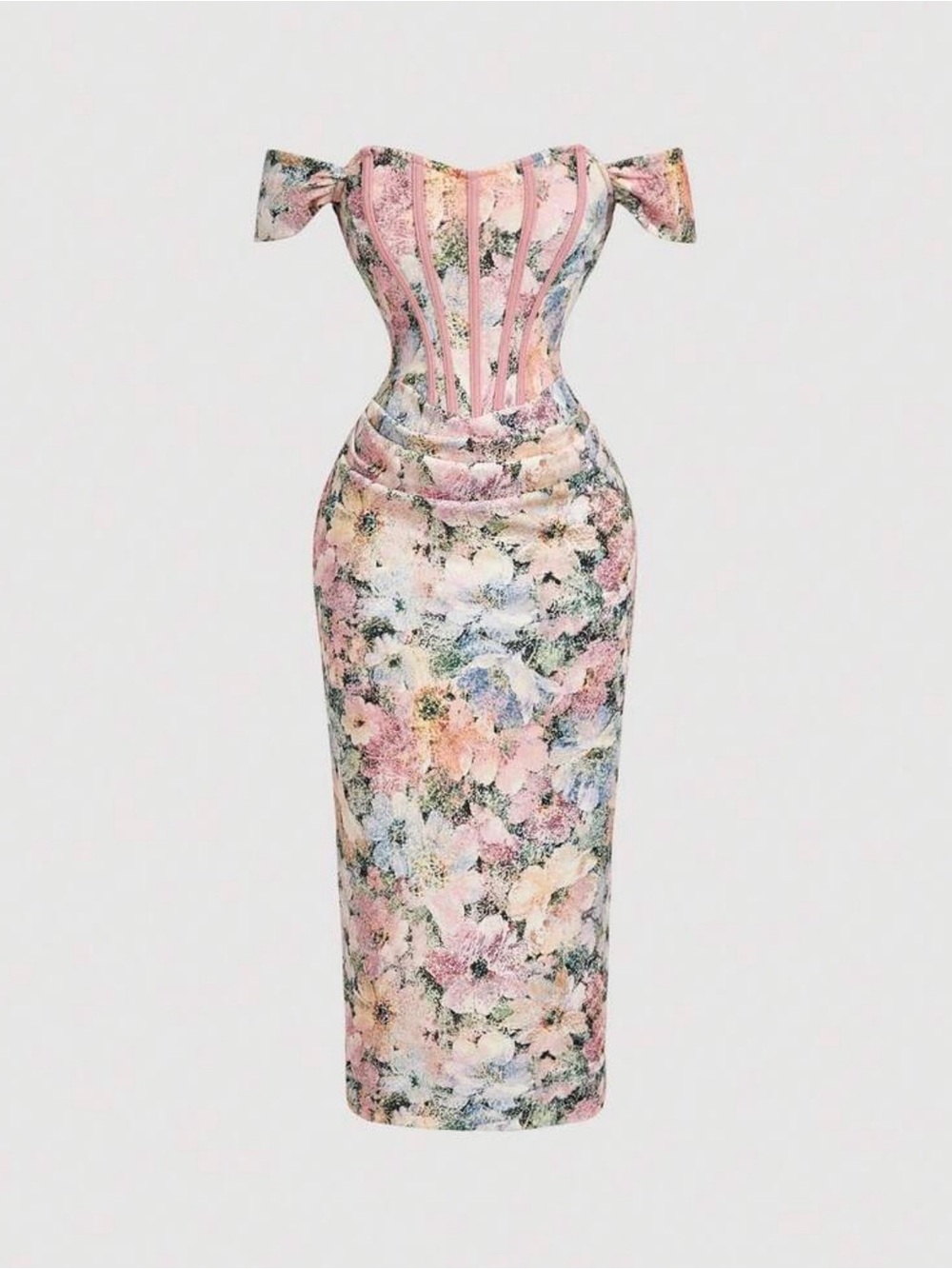 Off-Shoulder Pink Floral Midi Dress with Corset Detailing size S - Picture 3 of 5